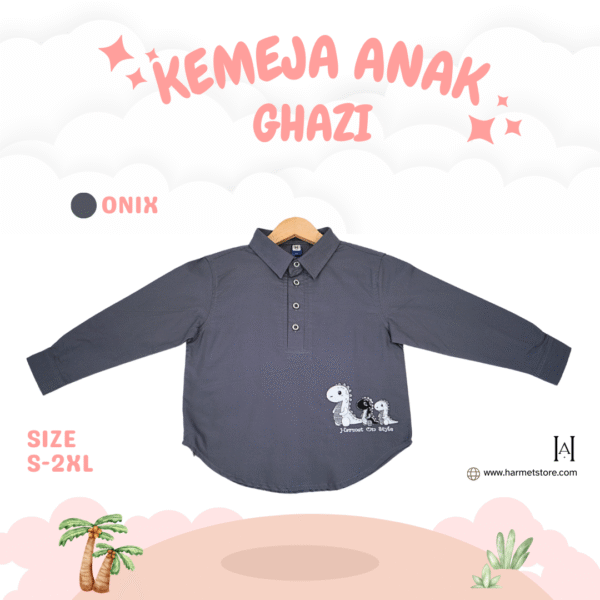Kemeja Anak Ghazi dengan Variasi Bordiran Dino - Gambar 3