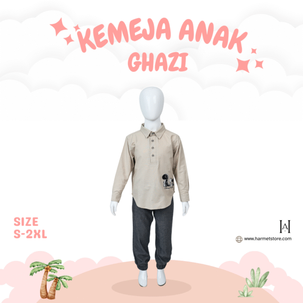 Kemeja Anak Ghazi dengan Variasi Bordiran Dino