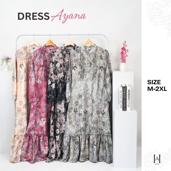 Dress Ayana Elegan Motif Bunga Bahan Silk Berkualitas Gamis Muslim Wanita - Gambar 3