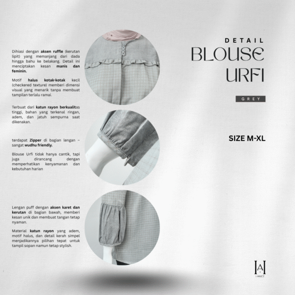 Blouse Wanita Casual Urfi Warna Soft Grey Desain Manis Kombinasi Ruffle Lengan Balon Kekinian - Gambar 3
