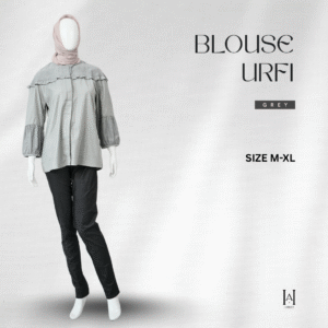 Blouse Wanita Casual Urfi Warna Soft Grey Desain Manis Kombinasi Ruffle Lengan Balon Kekinian