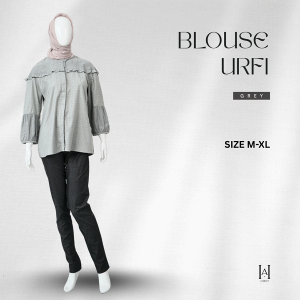 Blouse Wanita Casual Urfi Warna Soft Grey Desain Manis Kombinasi Ruffle Lengan Balon Kekinian