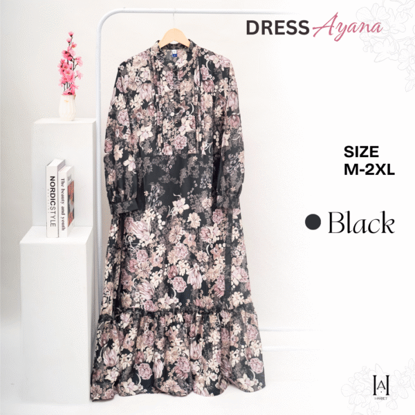 Dress Ayana Elegan Motif Bunga Bahan Silk Berkualitas Gamis Muslim Wanita - Gambar 5