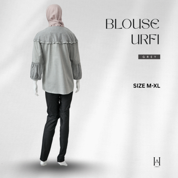 Blouse Wanita Casual Urfi Warna Soft Grey Desain Manis Kombinasi Ruffle Lengan Balon Kekinian - Gambar 2