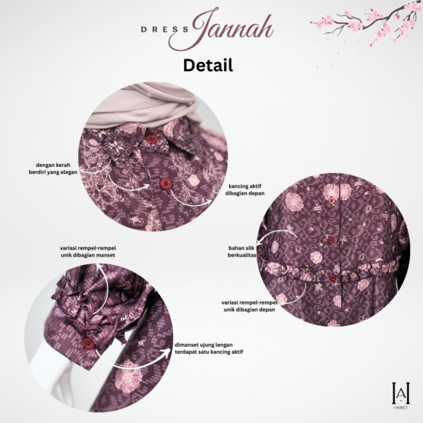 Dress Jannah Elegan Motif Bunga Bahan Silk Berkualitas Gamis Muslim Wanita - Gambar 8