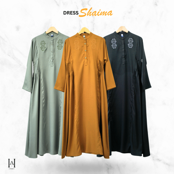 Gamis Dress Slim Shaima Muslimah Bahan Shakila Katun Premium Adem Lembut Bordir Bunga - Gambar 3