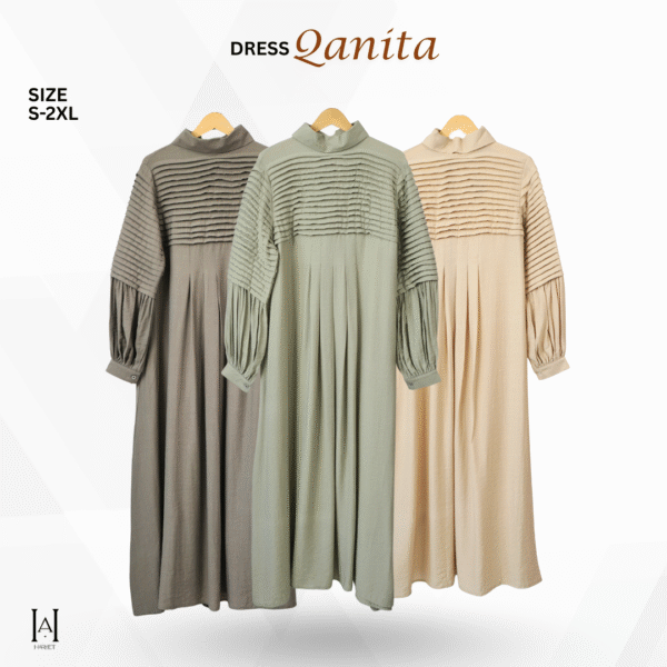 Gamis Dress Slim Qanita Plisket Dada Variasi Katun Linen Tekstur - Gambar 4