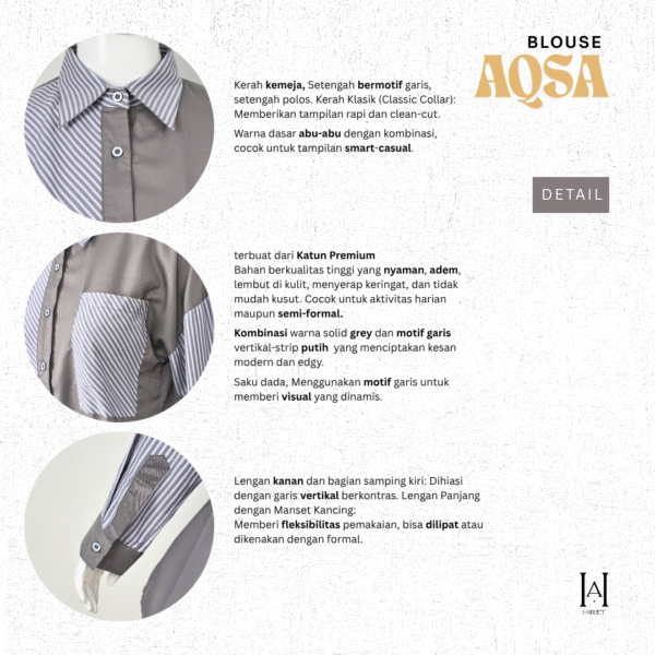 Blouse Wanita Katun Premium Aqsa Grey Stripe Look Edgy Minimalis - Gambar 4