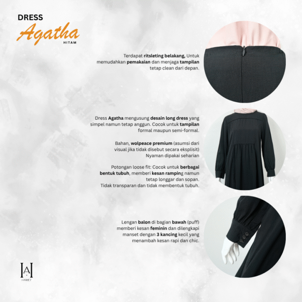 Dress Casual Hitam Agatha Bahan Wolpeach Premium Ringan dan Adem - Gambar 4