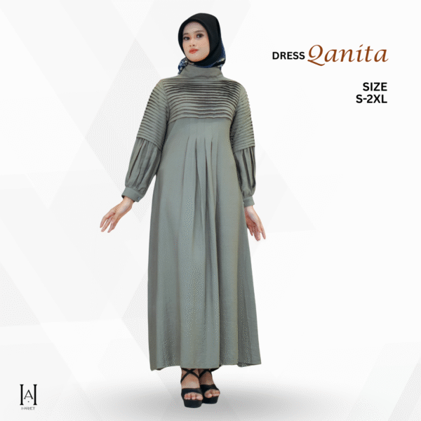 Gamis Dress Slim Qanita Plisket Dada Variasi Katun Linen Tekstur